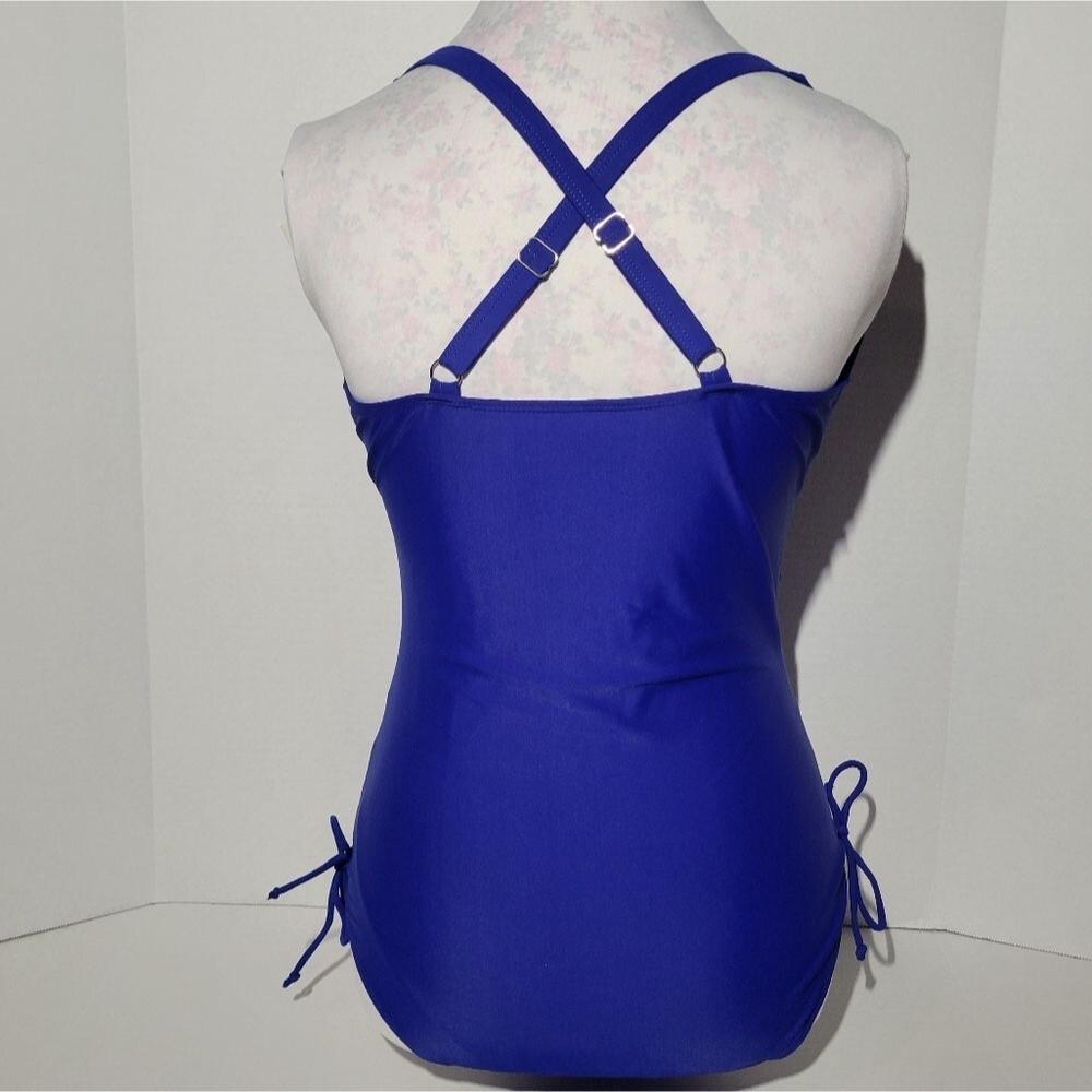 Women's Royal Blue Ruffled Trim V-Neck Side Tie 1 Piece Swim Suit - Size L - NWT - Picture 4 of 6